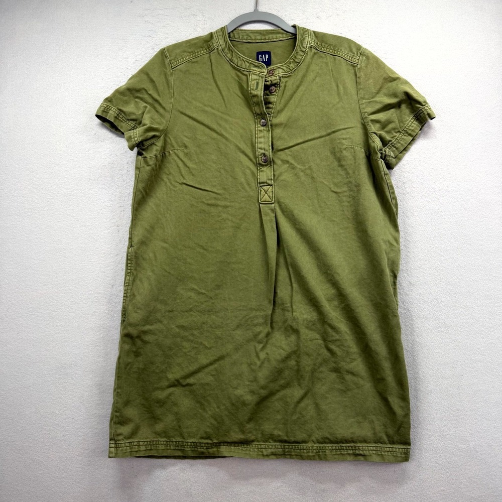 Gap Utility Popover Dress Women's Medium Army Green Pleated Henley Button Front
